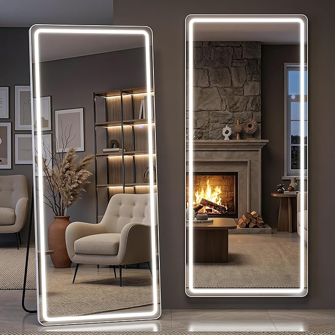 76"x34" Full Length Mirror with LED Lights, Dimmable Lighted Floor Mirror with 3 Color Lighting & Touch Control, Standing Wall Mounted Full Body Mirror, Tempered Glass for Bedroom, White