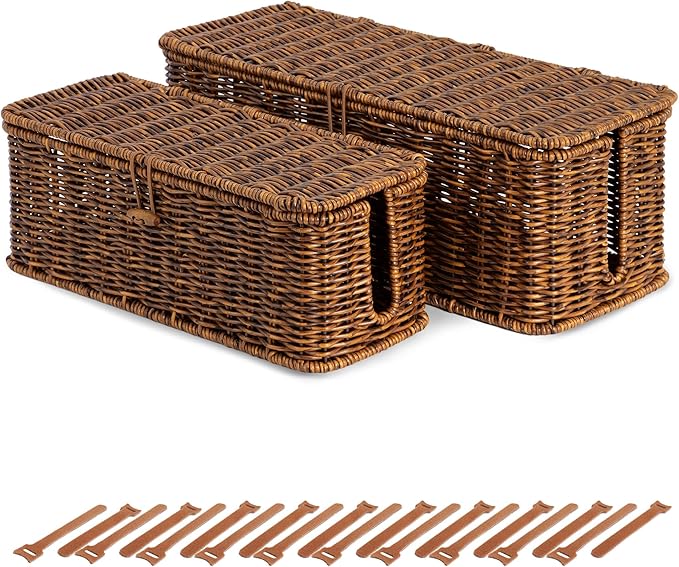 BROWNLILY Rattan Wire Storage Box, Handmade Cord Organizer for Desk Cord Hider Outlet Covers Baby Proofing for Power Strip TV PC Router Charger Under Desk Cable Management Box