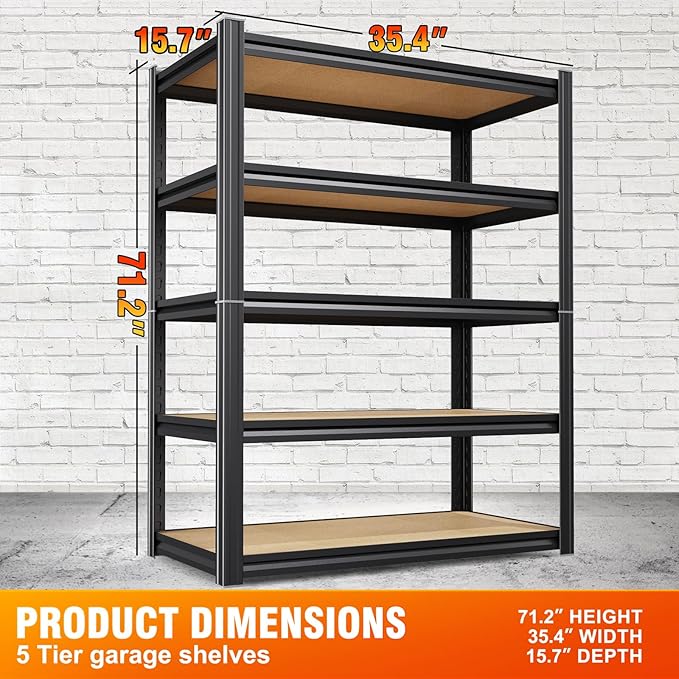 Storage Shelves,Adjustable Shelving Unit,5T Wood Garage Shelving ,Heavy Duty Garage Storage Shelves, Quick-Install Metal Shelving Unit Utility Rack Shelf for Warehouse, Pantry71.2’H*35.4’W*15.7’D