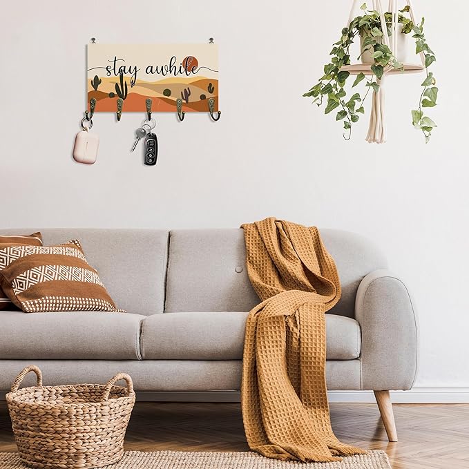 Stay While Sign Key Holder for Wall 10"x5.12", Inspirational Family Sign Key Hanger Wall Mount, Boho Western Landscape Wooden Hanging Keys Holder Decor for Entryway Front Door（5 Hooks）
