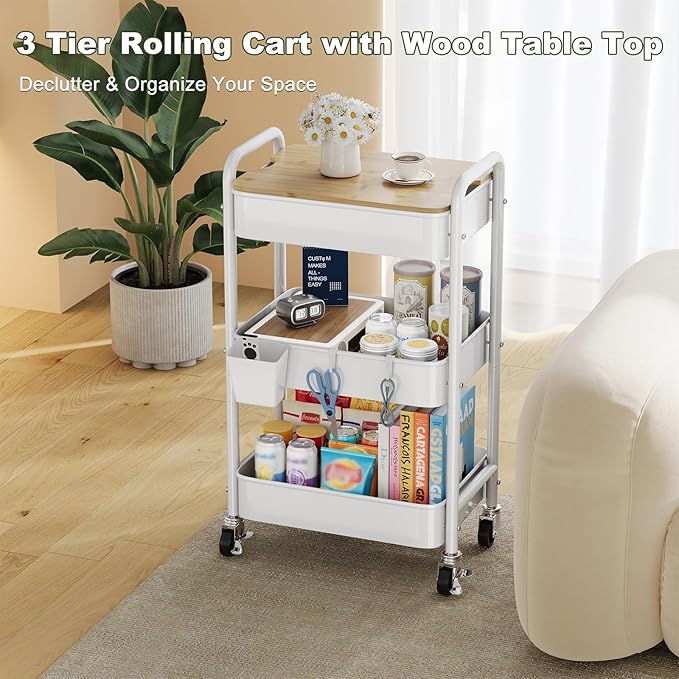 3 Tier Rolling Cart with Wood Table Top, White Bedside Cart on Lockable Wheels, Metal Utility Storage Organizer Carts for Kitchen, Art, Craft, Nail, Salon, Lash, Nursery, Bathroom, Baby Diaper Caddy