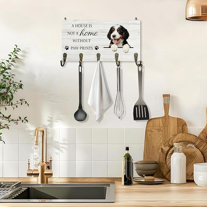 Bernedoodle Gifts Dog Key Holder for Wall 10"x5.12", Gifts for Bernedoodle Lovers Owners Key Hanger Wall Mount, Not A Home Without Paw Prints Dog Wooden Hanging Keys Holder Decor for Entryway