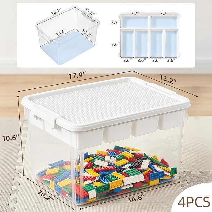 Citylife 32 QT Stackable Toy Storage with Building Baseplate Lid and Removable Tray Tool Box Organizer Storage Bins with Lids for Organizing Bead, Tool, Sewing, 4 Packs