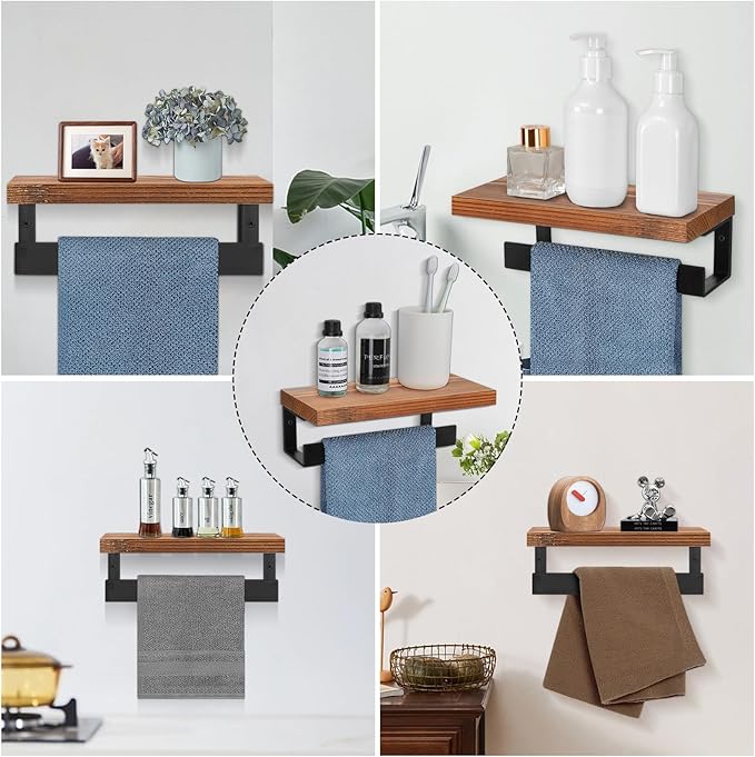 Hand Towel Holder/Towel Ring with Wooden Shelf, Hand Towel Rack, Hand Towel Hanger for Bathroom, Bath Accessories Wall Mounted, (Matte Black, 9"-Squ Shaped)