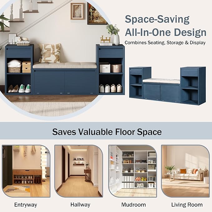 Merax All-in-One Shoe Storage Bench with Cushion & Flip Compartments, Entryway Bench with Drawers and Open Shelves, Solid Wood Vintage Storage Bench for Mudroom Hallway Living Room, Antique Navy