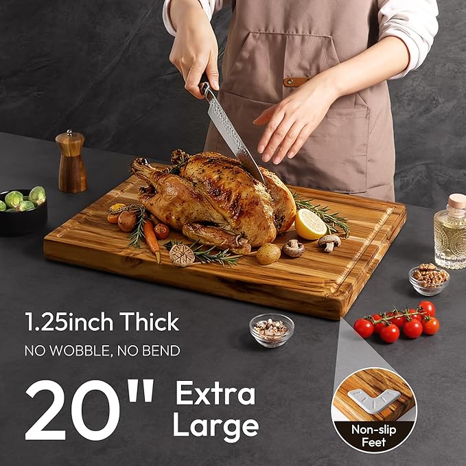 Bellsal Extra Large Teak Wood Cutting Board 20inch for Kitchen Charcuterie Board Heavy Duty Non Slip Feet Over Sink Butcher Block Chopping Board Nice Solid Thick Wooden Juice Groove XXl large Hardwood