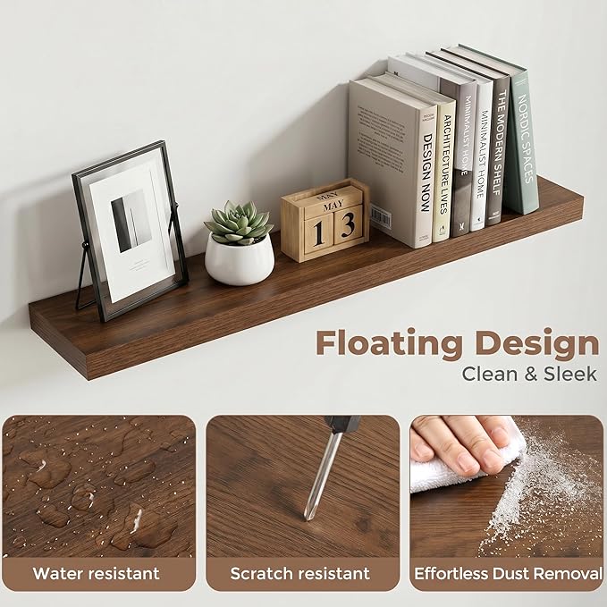 Venusmiles Floating Shelves for Wall, 36 Inch Floating Shelves Set of 2, 6.5" D Wooden Wall Mounted Display Shelves with Invisible Brackets for Living Room, Bedroom, Bathroom, Kitchen Decor, Walnut