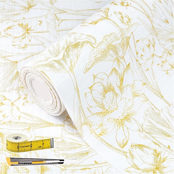 Shelf Liners Non Adhesive Light Base Gold Lotus Pattern - Thickened Non-Slip Easy to Clean Drawer Liner for Kitchen Cabinets, Tool Box, Refrigerator, with Knife & Tape Measure, 17in x 20FT