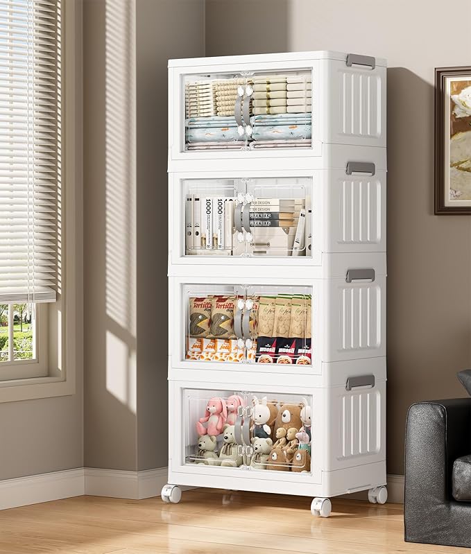 Hanyi 304 QT Stackable Storage Bins with Lids, 4 Tier Collapsible Plastic Storage Cabinet with Magnetic Doors, Removable Top Lid, Locking Wheels, Closet Organizer for Bedroom, Pantry, Office
