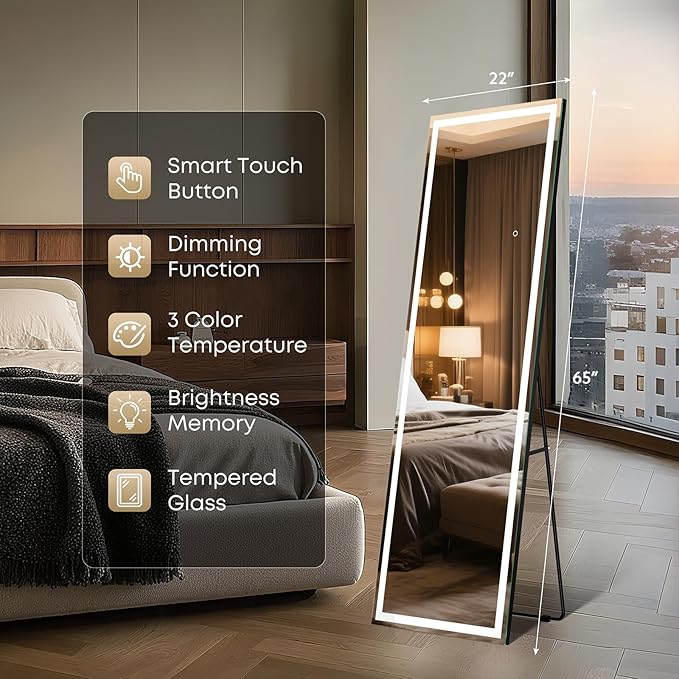 Kosmonia 65x22 Frameless Full Length Mirror, Dimmable 3 Color LED Light w/Memory Function, Distortion Free, HD Reflection & Anti Desilvering, Tempered Glass, Easy Setup w/Stand, Wall/Standing