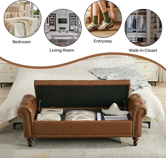SOFTHION 58.1" Storage Bench Upholstered PU Leather End of Bedroom Bed Bench Ottoman with Tufted Cushioned Rolled Arm Large Storage Space for Reading Living Room Entryway, Brown