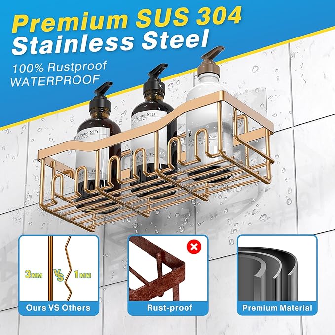 EUDELE Shower Caddy 2 Pack, Adhesive Organizer for Bathroom Storage, Home Decor & Kitchen, No Drilling, Rustproof Stainless Steel Shelf, Bathroom Decor Sets