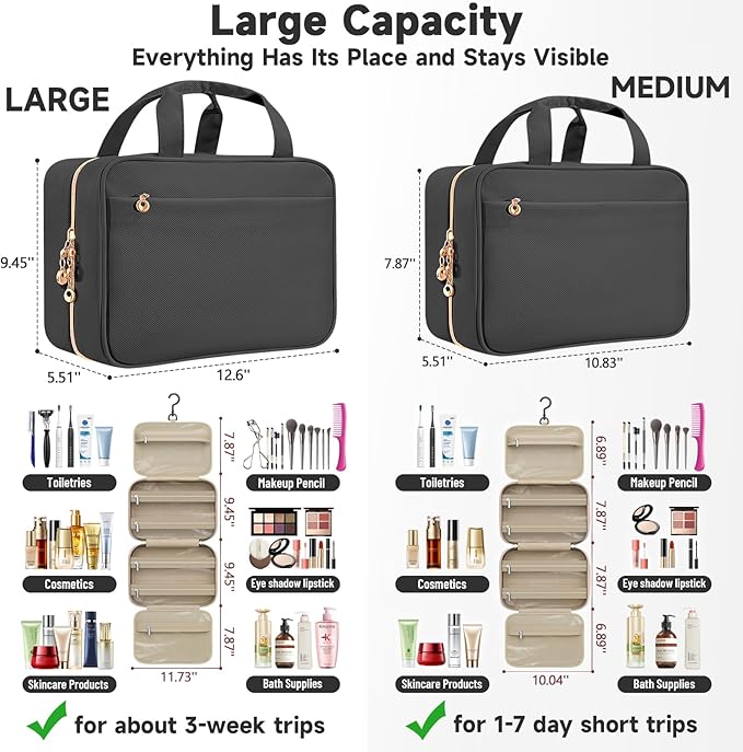 Travel Toiletry Bags, Portable Travel Bag with Hanging Hook for Women, Waterproof and Hanging Makeup Bag Travel Organizer Accessories for Travel Essentials (Black, Medium)