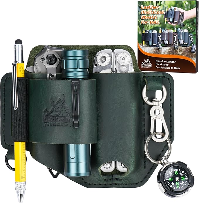 FLYHOMES Genuine Leather Multitool Sheath | Handmade Stitched EDC Belt Organizer for Leatherman Surge | Flashlight, Knife Holster, Pen & Tools Pouch | Dark Green (Large)