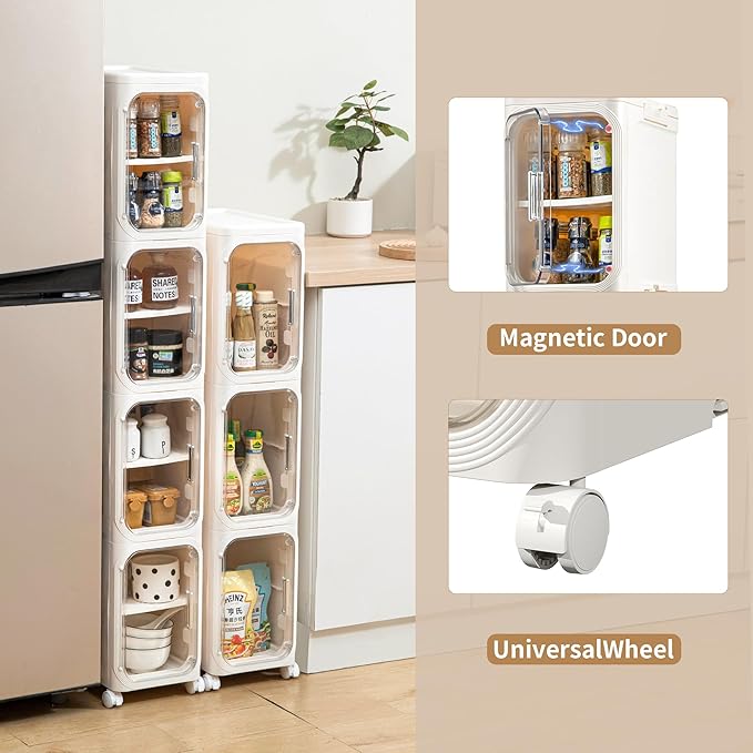 5-Tier Tall Narrow Storage Cabinet, Slim Bathroom Storage Cabinet with Adjustable Shelves and Wheels, Narrow Organizer for Small Space, Bathroom, Kitchen, Laundry, Cream White