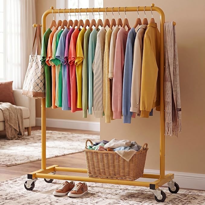 Sywhitta Clothing Rack on Wheels with Storage Shelf & Sturdy Metal Frame, Retail Clothing Rack for Hanging Clothes, Coats,Space-Saving Mobile Organizer for Closet, Bedroom, Laundry Room, Gold Yellow