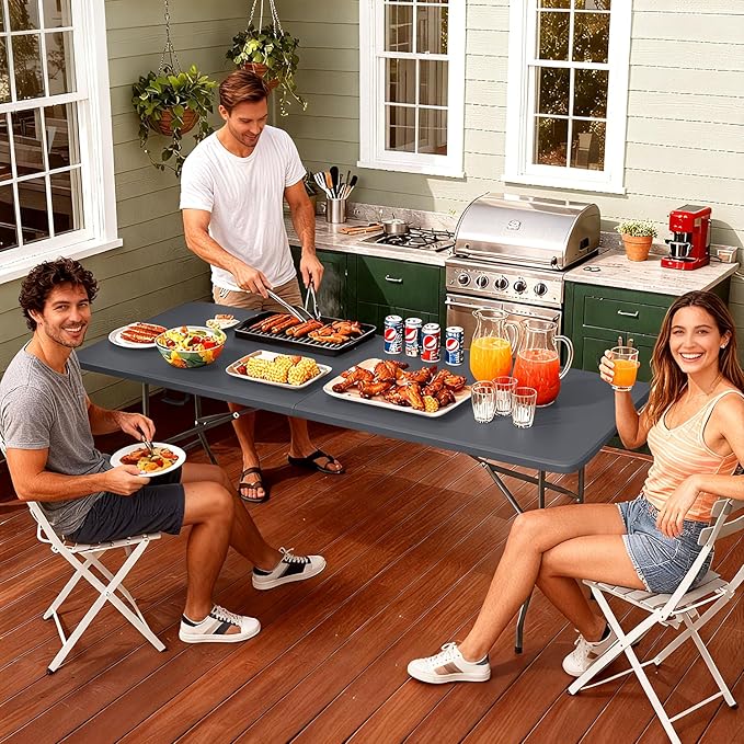 FDW 6 FT Folding Table, Portable Plastic Table with Carrying Handle Perfect for Indoor, Outdoor, Party, Dining, Wedding, Events, Camping, Grey