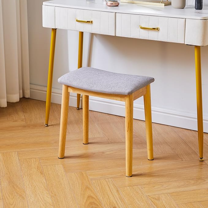IBUYKE Saddle Cushion Vanity Stool Chair, Foot Rest Stool with Solid Wood Legs, Modern Vanity Bench Ottoman for Piano, Upholstered Seat for Bedroom, Entryway, Wooden Legs&Light Gray WBD007NG