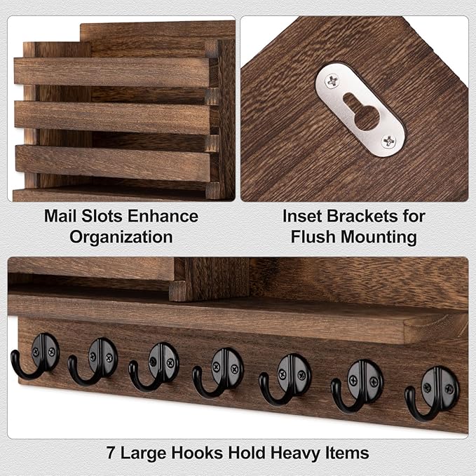 Lwenki Key Holder for Wall – Decorative Wooden Mail Holder and Key Shelf with Mounting Hardware, Installation Guide – Paulownia Wood with Metal Key Hooks (Brown, Extra Large - 15.6inch)