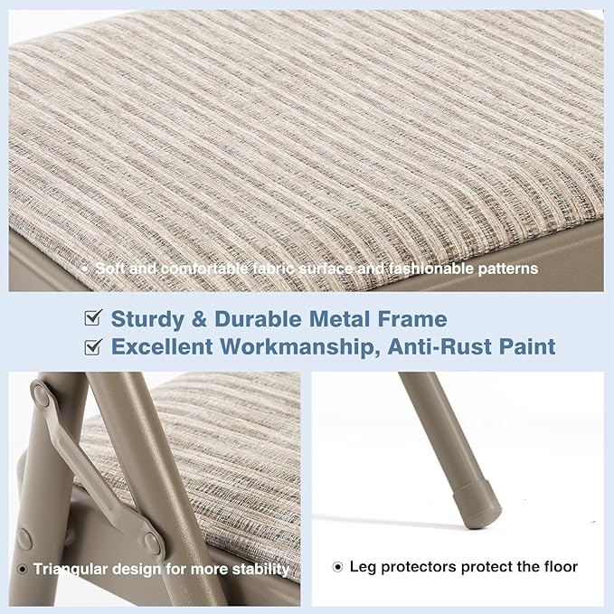 DUMOS 2 Pack Folding Chairs with Padded Cushion and Back - Fabric Stackable Portable Dining Chairs Set, for Home and Office, Conference, Wedding, Party, Patio, Garden, for Indoor Outdoor, Khaki