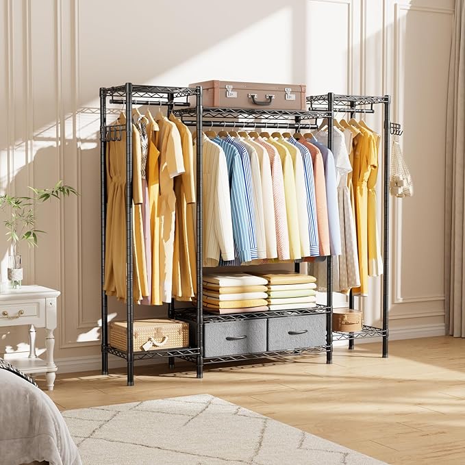 Golpart Coat Rack Clothes Wardrobe：Closet Organizer and Storage Clothing Garment Rack with Shelves Heavy Duty for Hanging Clothes Portable Adjustable Black 15.8" DX61 WX76.5 H