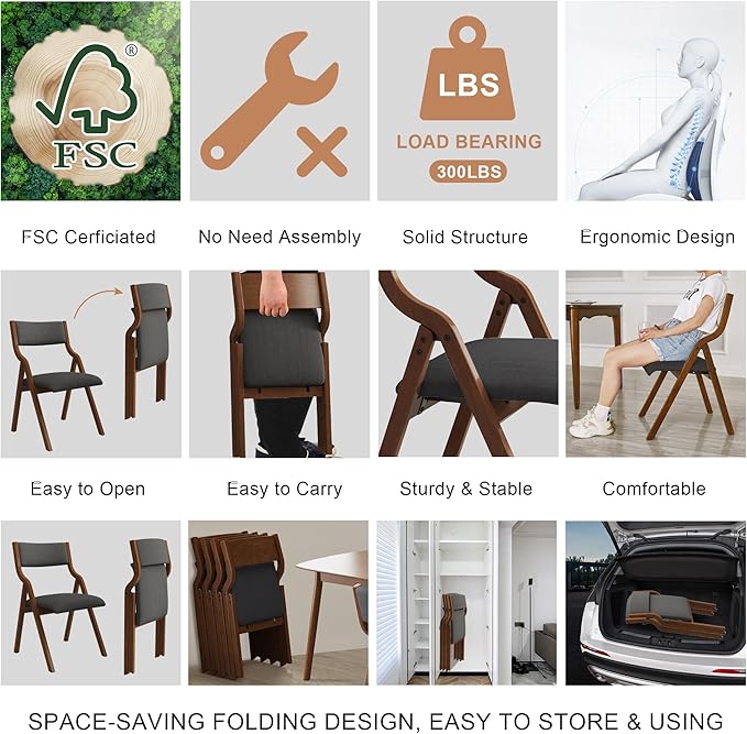 Ball & Cast Upholstered Folding Chairs Set of 2,with Ergonomically Designed Back and Solid Wood Frame,Portable Activity Meeting Chair, for Dining Room,Outdoor Events,No Assembly Required,Grey+Walnut