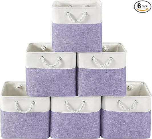 13 x 13 Inch Cube Storage Bins, 6 Pack Fabric Storage Basket with Handles, Foldable Boxes Organizer for Shelf Baskets for Home, Clothes (White/Purple)