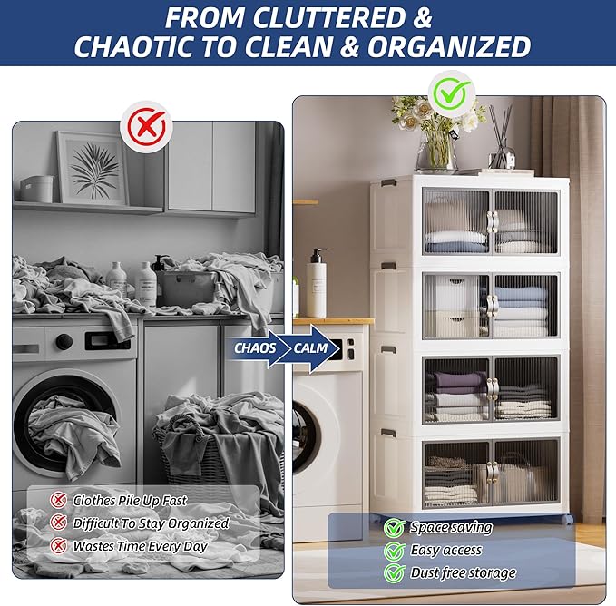 SAILUN 145Gal/580Qt Stackable Storage Bins Folding Collapsible Storage Bins with a Lid, Closet Organizers and Storage,White 26" W x 17" D x 71" H