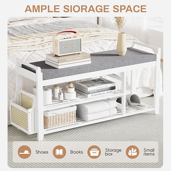Homaxy 2-Tier Shoe Rack Bench with Side Holder, 39.4 in Bamboo Entryway Bench, Shoe Rack Organizer with Cushion for Front Entrance, Hallway Living Room Bedroom, White and Dark Grey