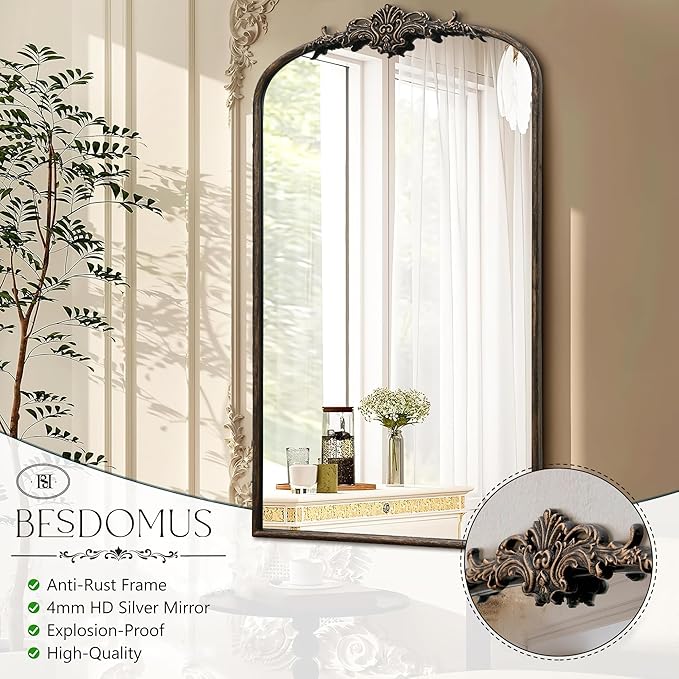 Besdomus Vintage Black Arched Mirror: 24"x42" French Large Arch Black Antique Wall Mounted Mirror - Traditional Ornate Home Decor for Living Room/Entryway/Fireplace/Bathroom - Idea for Young Couples