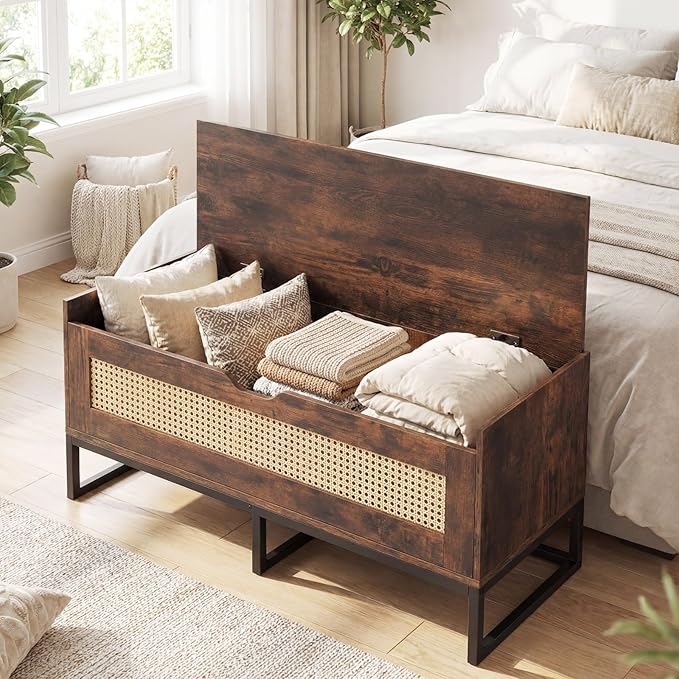 Giantex Rattan Shoe Bench, Flip-Top Entryway Bench with Removable Padded Seat & Hidden Storage, Wooden Shoe Storage Chest with Metal Legs for Bedroom, Hallway, 440 lbs Max Load (Rustic Brown & Black)