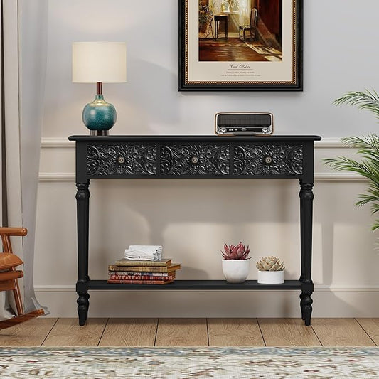 3More Entryway Console Table with 3 Drawers,42" Carved Hallway Table with Open Shelf,Long Sofa Table for Living Room, Hallway, Behind Couch,Black