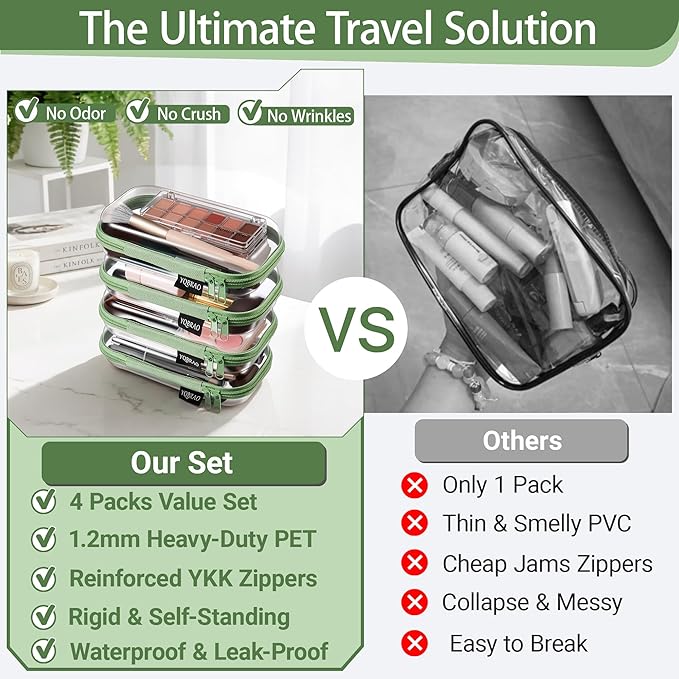 YQBRAO 4-Pack Clear Hard Shell Zipper Case, 1.2mm Ultra-Thick Diaper Bag Organizer Pouches, Rigid Self-Standing Travel Makeup Bags with YKK Zippers, TSA Approved, Green