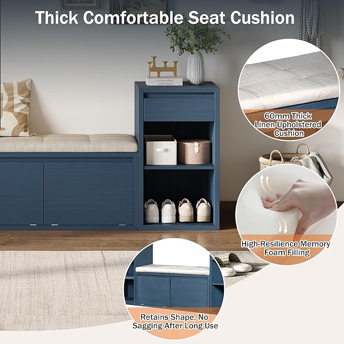 Merax All-in-One Shoe Storage Bench with Cushion & Flip Compartments, Entryway Bench with Drawers and Open Shelves, Solid Wood Vintage Storage Bench for Mudroom Hallway Living Room, Antique Navy