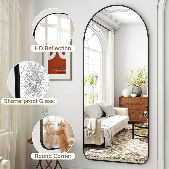 Arched Full Length Mirror 64"x 21" Floor Standing Body Mirror with Round Corner, Leaning Hanging for Bedroom Cloakroom Living Room Black