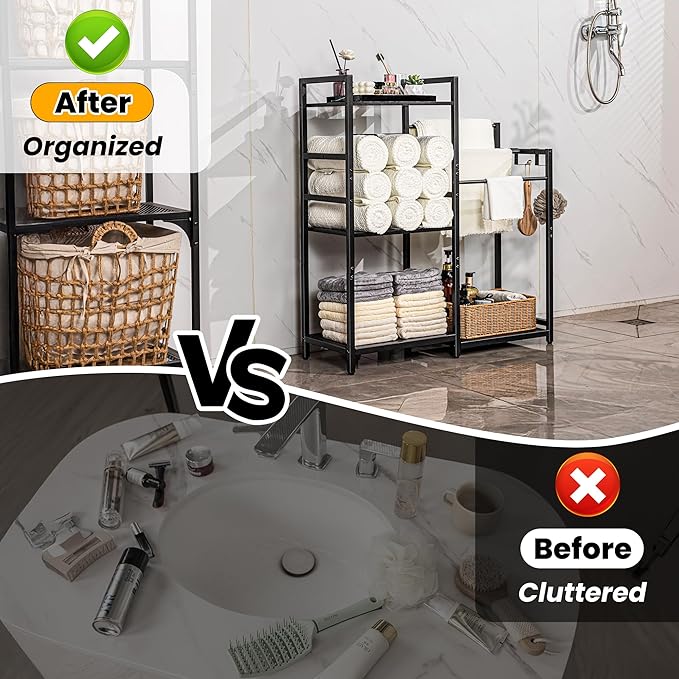 Aquzee Towel Storage for Bathroom, 3-Tier Towel Drying Rack Stand, Standing Towel Racks, 2 Hooks for Looafhs, Towel Holder for Rolled Folded Drying Towels, Black
