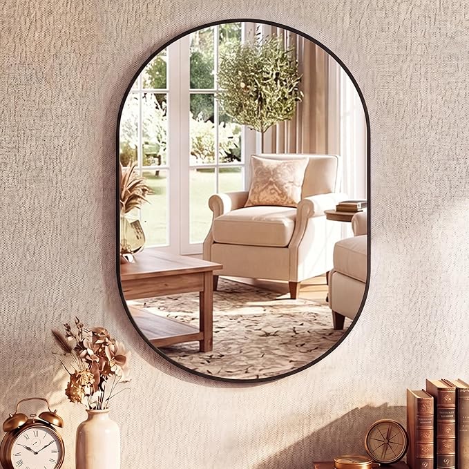 Sweetcrispy 20" x 30" Black Bathroom Mirror for Wall, Oval Wall Mirror with Metal Frame, Tempered Glass, Modern Vanity Mirror for Over Sink, Living Room, Bedroom, Entryway, Horizontal or Vertical