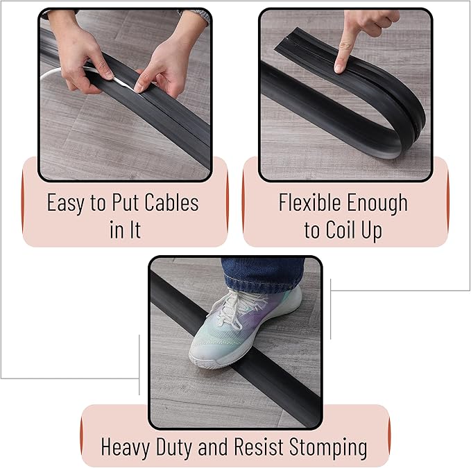 Bates- Floor Cord Cover, 30ft, Cable Cavity 0.6" (W) x 0.31" (H), Heavy Duty Wire Protector, PVC Extension Cords Hider, Protect Cords, Prevent Cable Trips, Cord Hider for Office, Home, Outdoor