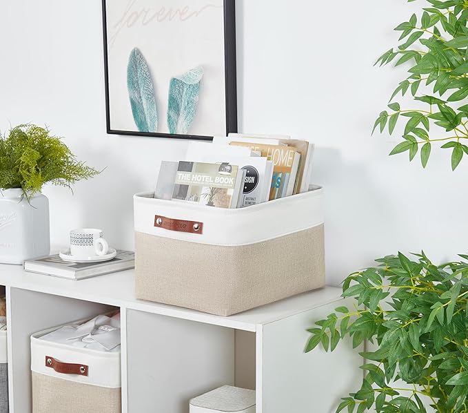 DECOMOMO Storage Bins, Extra Large Fabric Storage Baskets for Shelves, Decorative Linen Closet Organizer, 15.8 x 12.5 x 10 inches (Beige & White, 3 Pack)