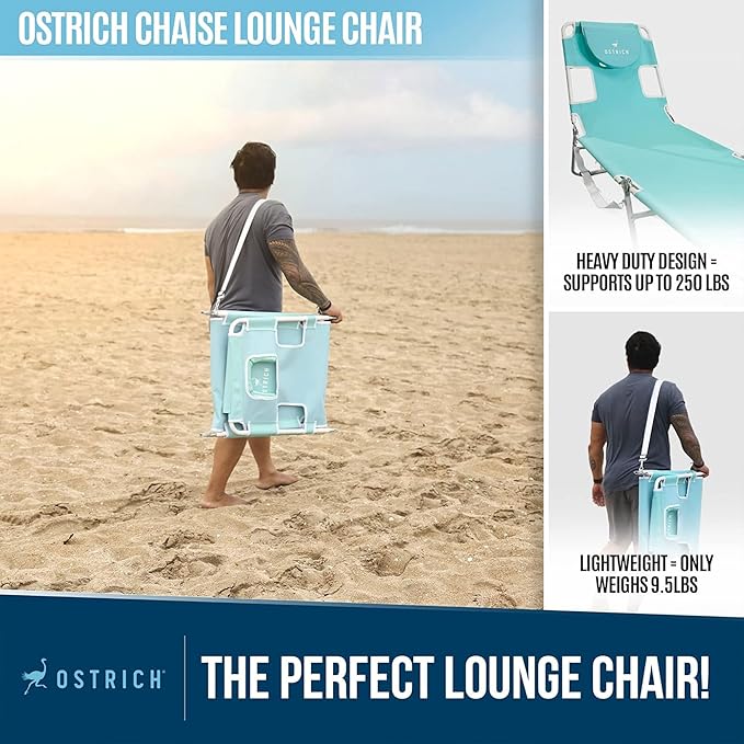 Ostrich the Original Chaise 72 x 22 Inch Lounge Portable Reclining Lounger, Outdoor Patio, Beach, Lawn, Camping, or Pool Tanning Chair, Aqua
