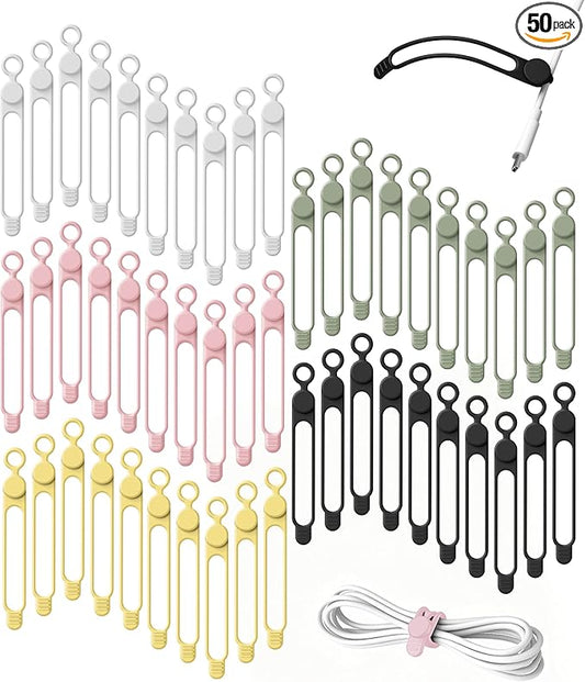 50Pcs Silicone Cable Ties Cord Organizer for Bundling Earphone, Phone Charger, Computer Cords, Reusable Wire Organizer Cable Management in Home,Office,Kitchen,School (5 Colors)