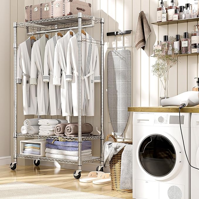 M MZG Heavy Duty Rolling Garment Rack 3 Tiers Adjustable Wire Shelving Clothes Rack with Rods and Side Hooks,Storage Closet Clothing Rack with Wheels Chrome 15.7" D x 29.5" W x 74.5" H