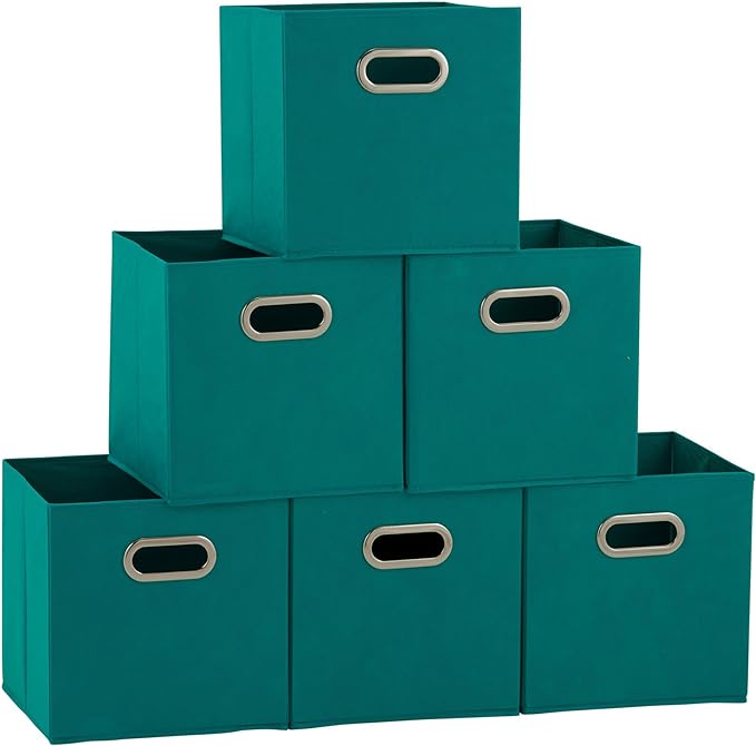 Household Essentials Fabric Storage Cubes 6 Pack – 11x11x11 Foldable Non-Woven Bins with Chipboard Sides & Grommet Handles – Stackable Cube Organizer for Closet, Nursery, Shelf, or Office – Aqua