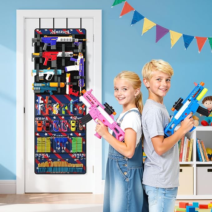 Over Door Toy Gun Storage, Hanging Organizer for Toy Guns, Toys Organizer with Pockets, Hook&Loop Straps for Foam Blasters, Darts, Goggle, Toys Storage Door Hanger for Kidroom, Gameroom
