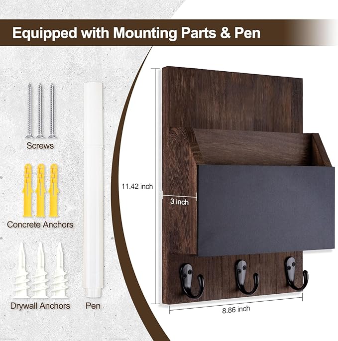 Key and Mail Holder for Wall Mount, Entryway Mail Holder with 2 Slot, Key Holder with 3 Sturdy Hooks for Coat, Dog Leash, Decorative Key Rack (8.86”W x 11.42”H x 3”D) (Brown)