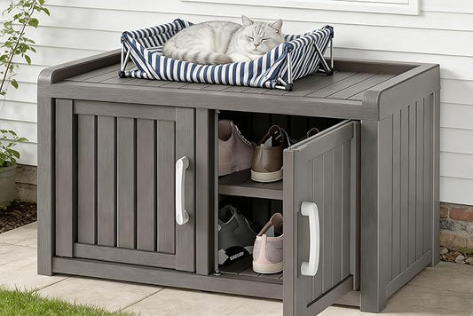 2-Tier Storage Bench, Waterproof UV-Resistant Outdoor Shoe Storage Cabinet with 2 Doors & Adjustable Shelves for Indoor Outdoor Entryway, Hallway, Living Room (Classic Grey)