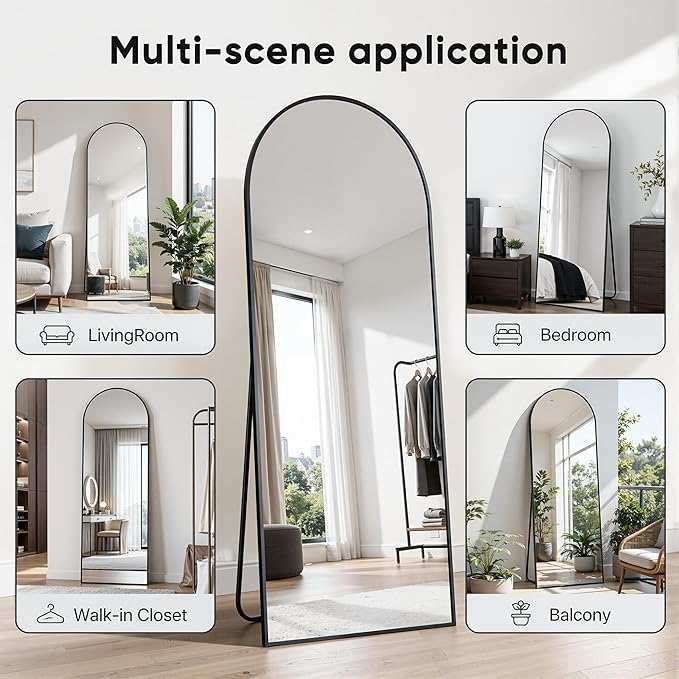 Full Length Mirror, 58"x21" Arched Floor Mirror Freestanding, Floor Standing Full Body Mirror with Stand for Bedroom, Hanging Mounted for Living Room Cloakroom, Black