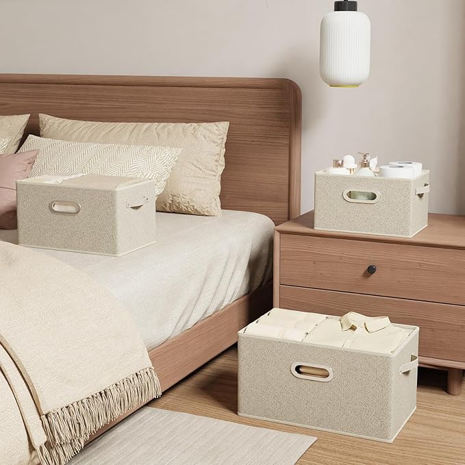 Open Storage Baskets, Collapsible Cube Bins, Fabric Container Organizer with Metal Handles, Boxes for Shelves, Closet, Living Room, 15x9.8x9.8in, Grey and Beige, 2 Pack