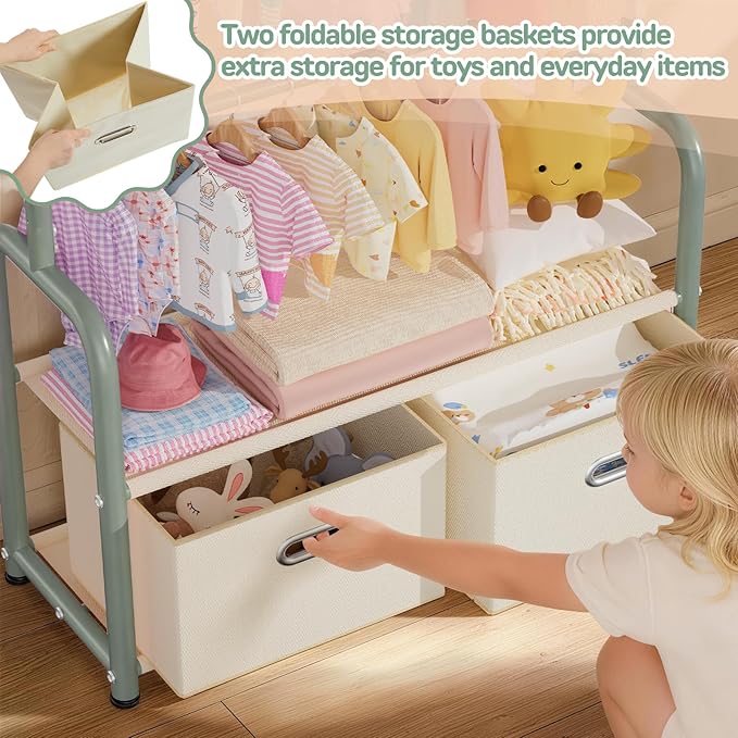 Kids Clothes Rack with 2 Tier Storage Racks and 2 Adjustable Hanging Poles, Small Baby Closet Organizer for Hanging Clothes, Kids Dress Up Rack (Upgrad, Green)