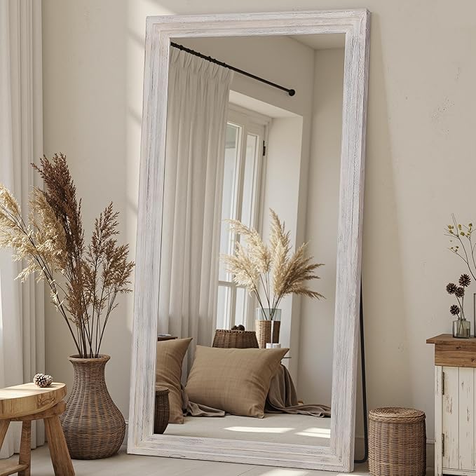 Full Length Mirror, 81"x41" Wooden Mirror Full Length with Stand Wood Floor Mirror, Oversized Stand Up Mirrors Large Wall Mirrors, Wall Mounted Mirrors, Rect Wood Style, White